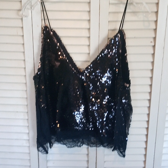 FREE PEOPLE - tank: rev sequins fr black to bronze, XS .. large side lacy slits - Picture 2 of 4